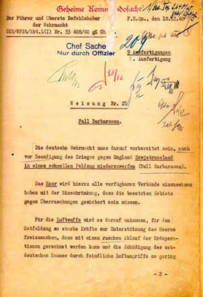 18 декабря 1940 года Гитлер подписал директиву № 21 верховного главнокомандования вермахта, получившую условное наименование «Вариант Барбаросса»