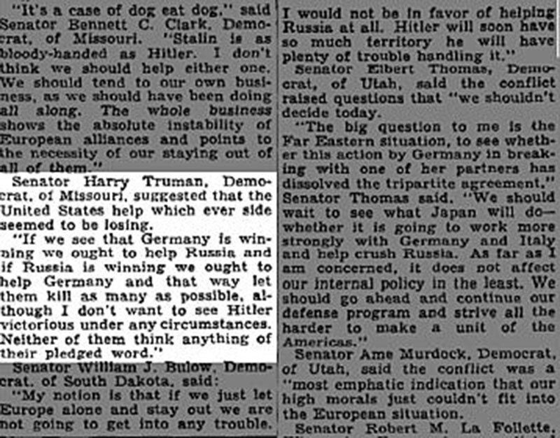 83 года назад, 24 июля 1941 года, в газете The New York Times были опубликованы комментарии американских политиков о нападении фашистской Германии на СССР. 
